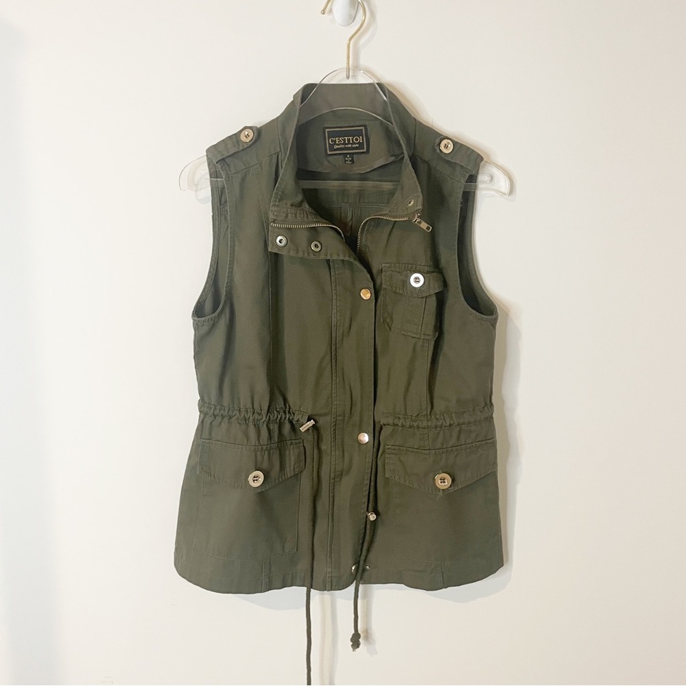 Green Sleeveless Cargo Vest  drawstring waist Zipper and button closure - Picture 3 of 10